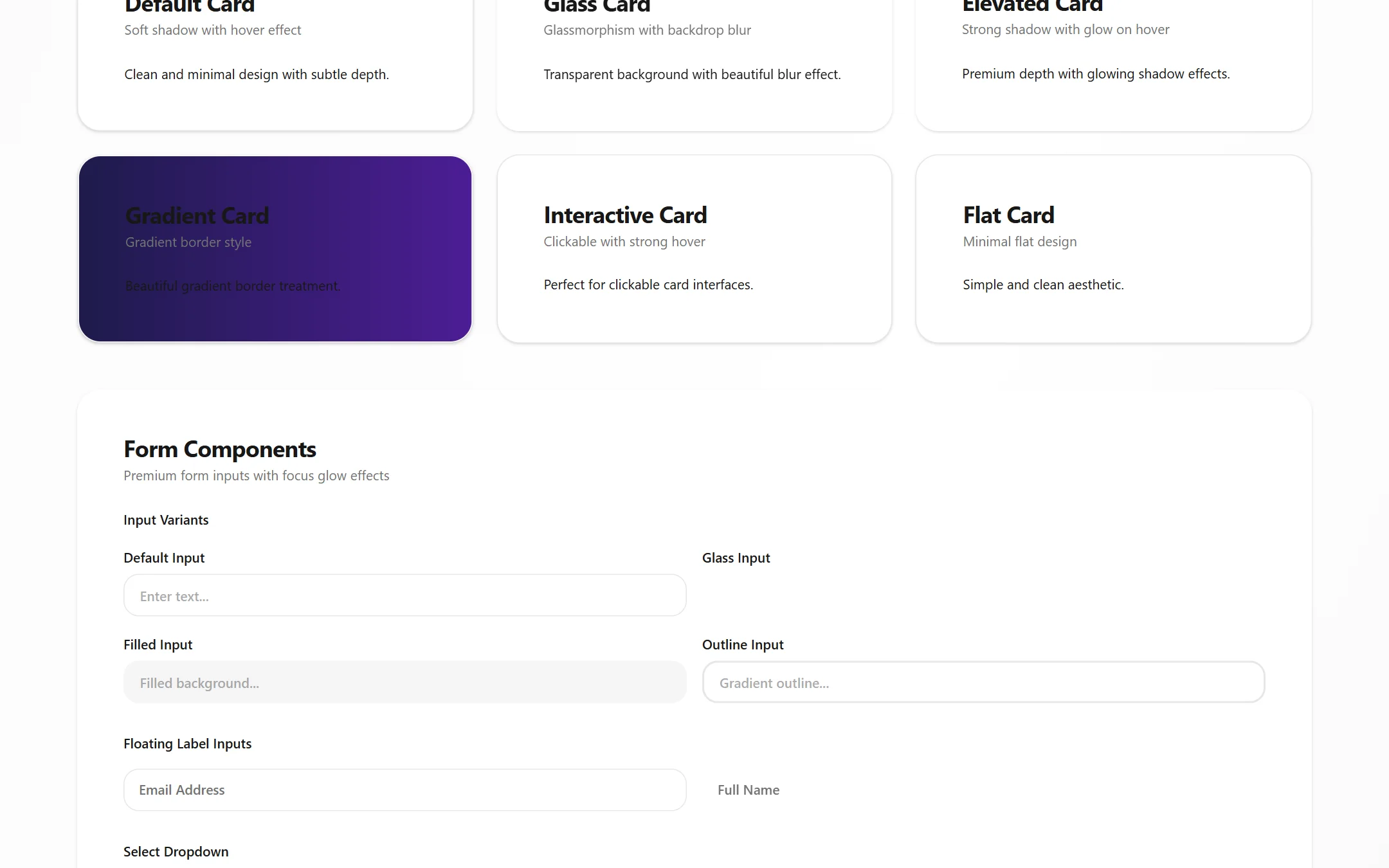 Card variants and form inputs from Aria's component library