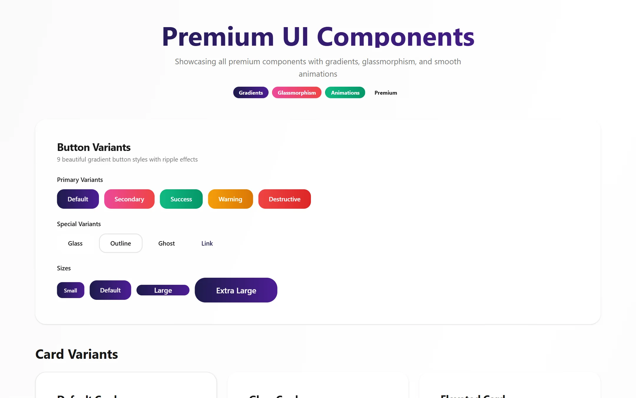 Aria's component library: gradient button variants, special variants and sizes
