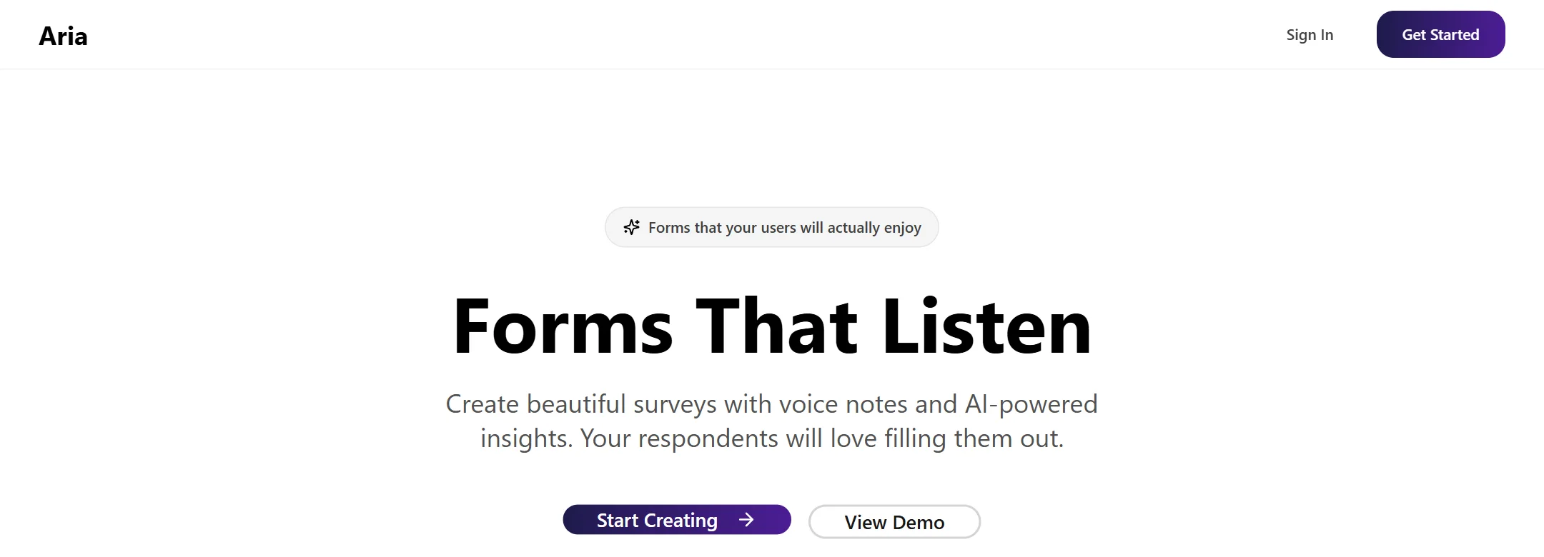 Aria's landing page: Forms That Listen, with Start Creating and View Demo