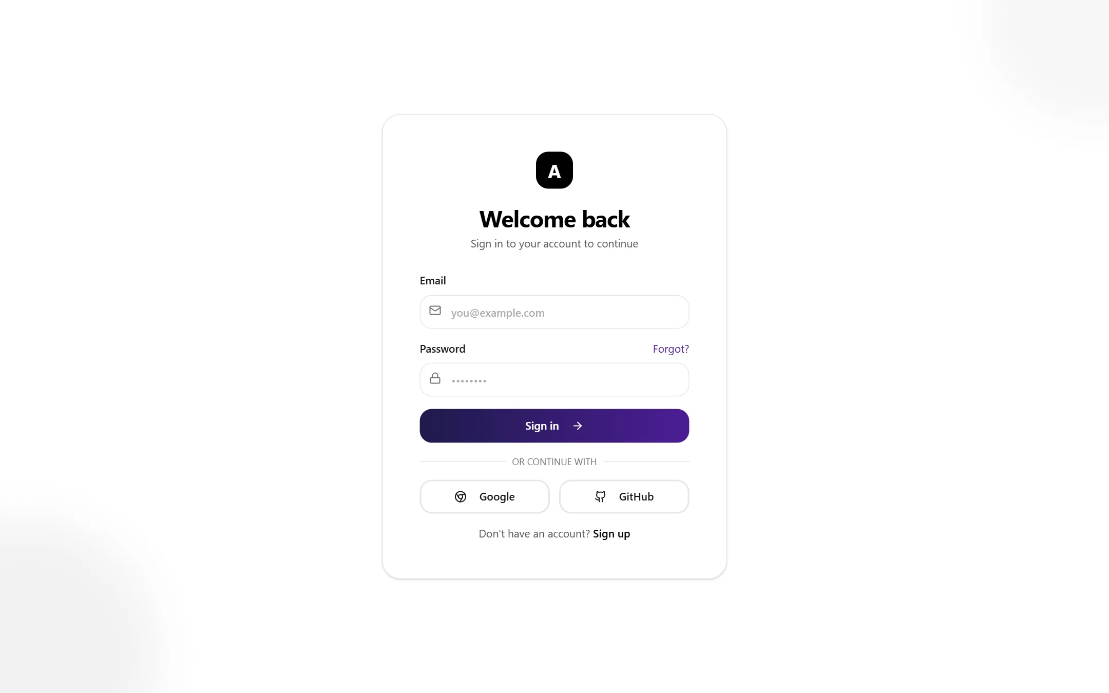 Aria sign-in with email, password, Google and GitHub