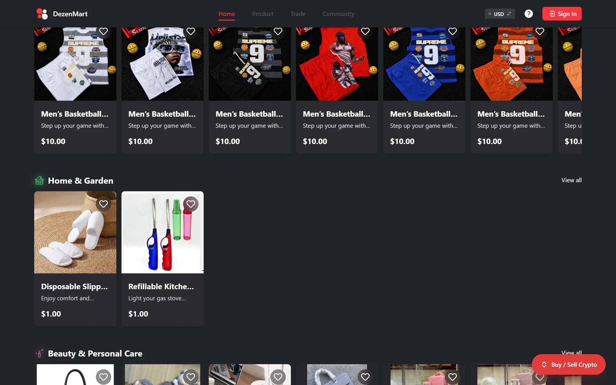 Rows of clothing and home products with prices in dollars