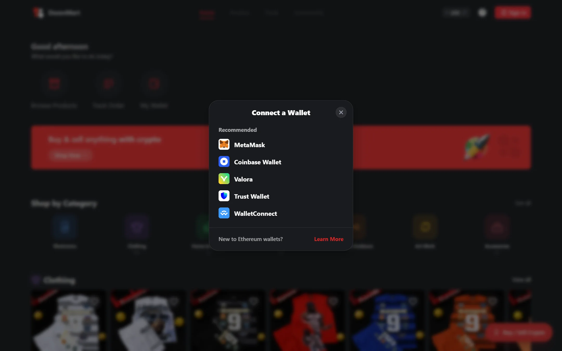 Wallet picker over the home page on desktop