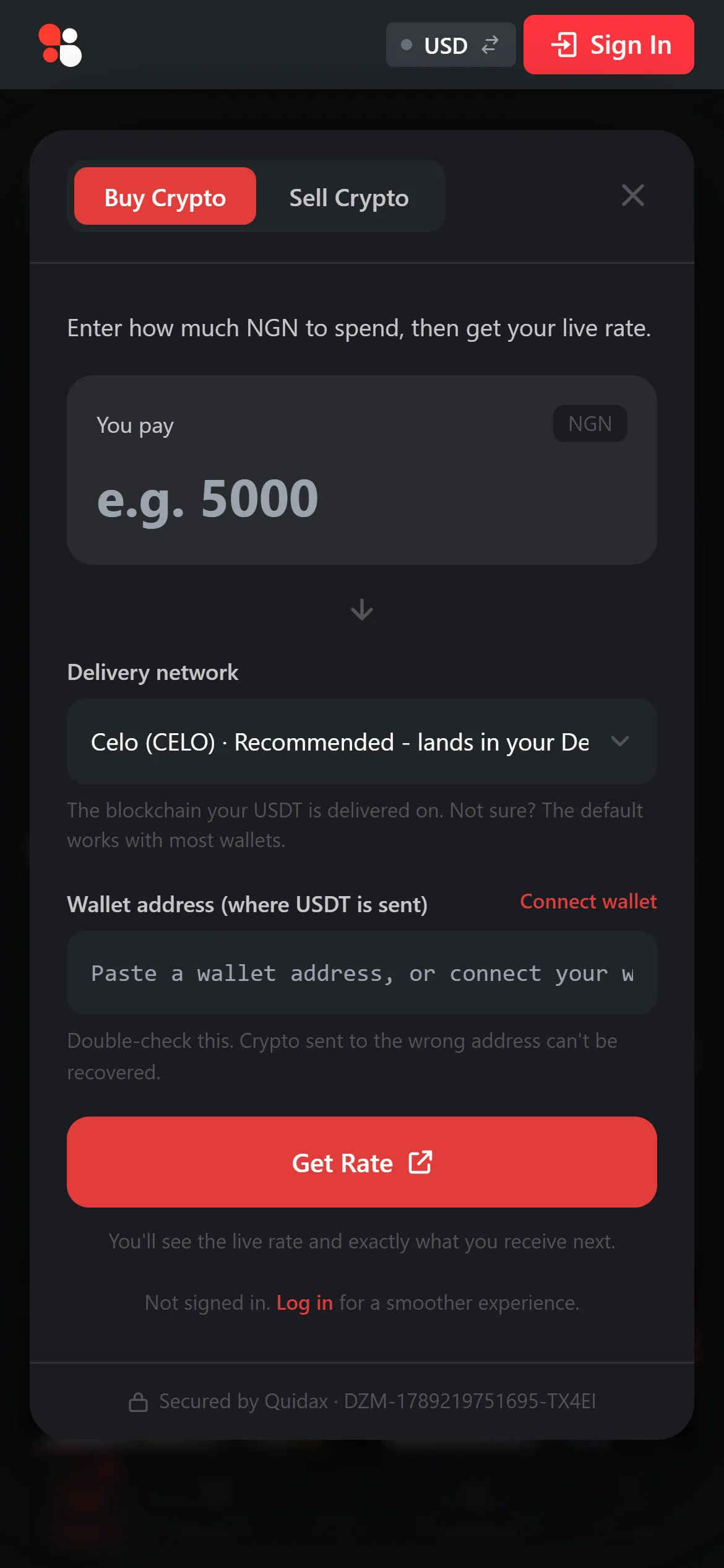 Buy Crypto form converting naira to USDT on the Celo network