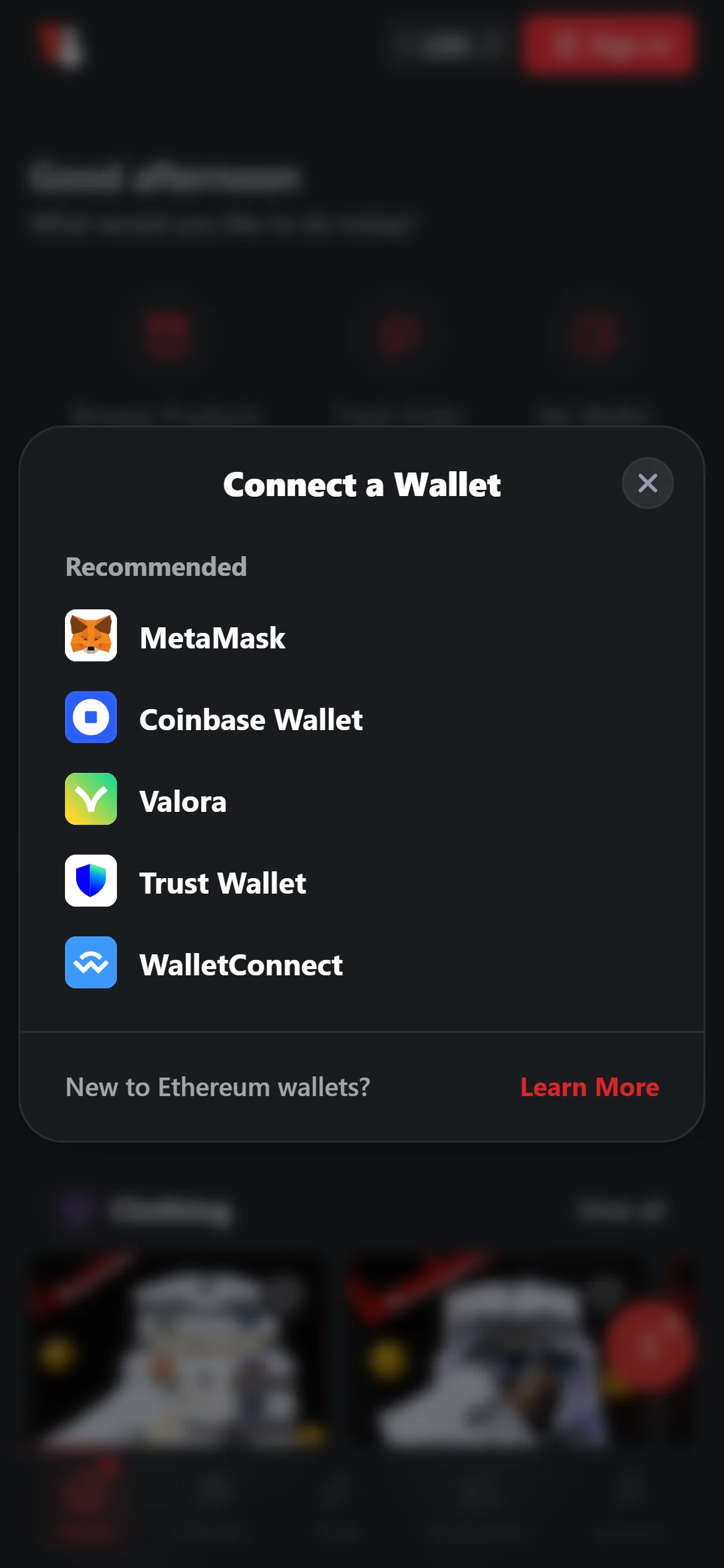 Connect a Wallet sheet listing MetaMask, Coinbase Wallet, Valora, Trust Wallet and WalletConnect