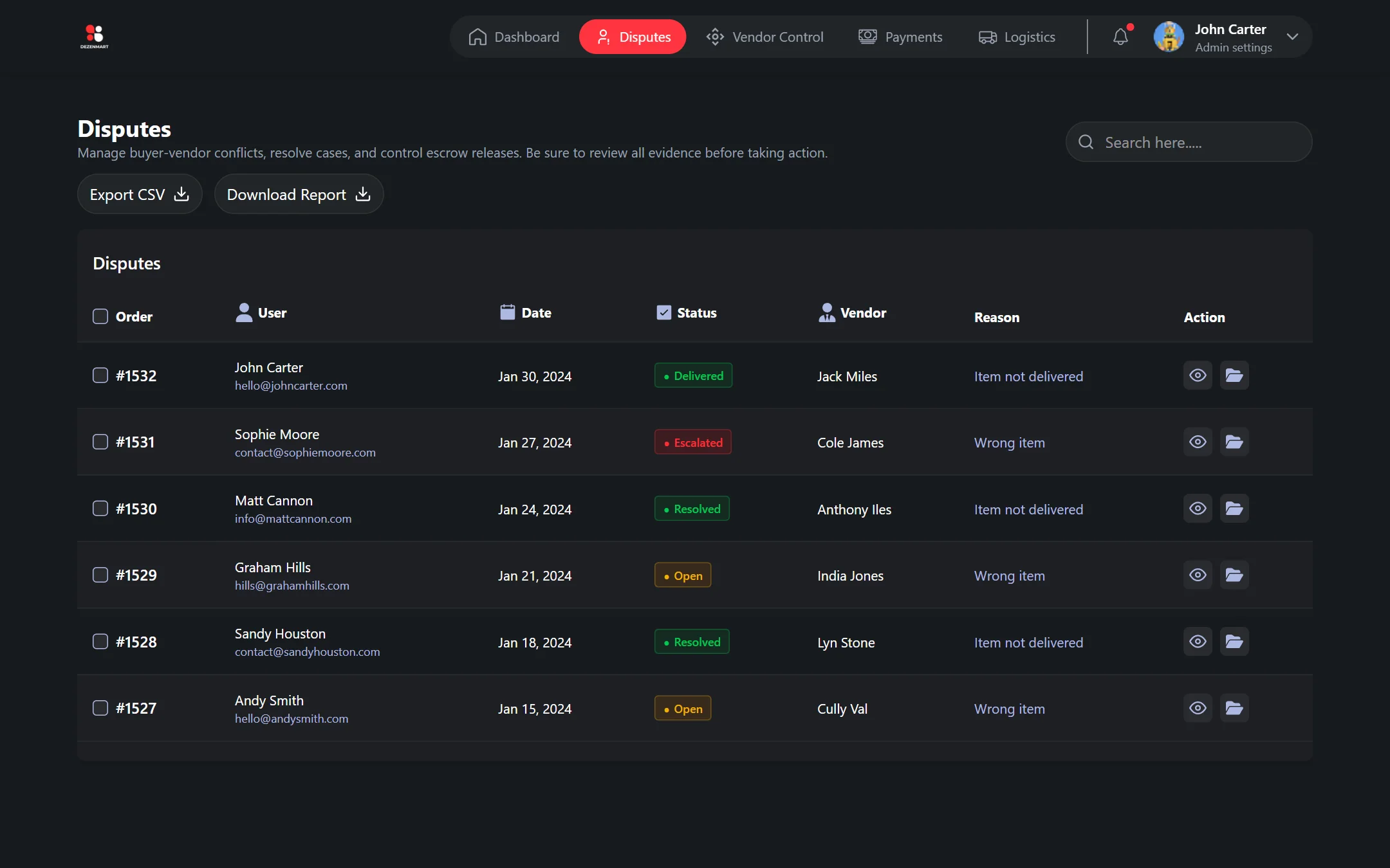 Disputes table with order numbers, users, dates, statuses, vendors and reasons