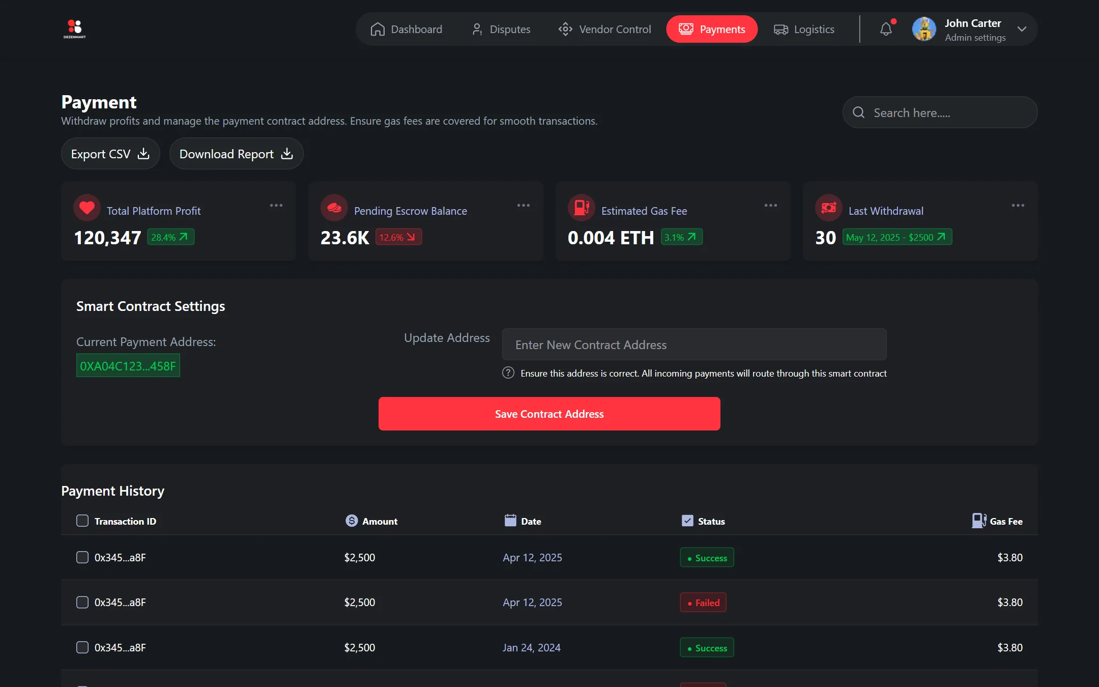 Payments page with profit, pending escrow, gas fee, the payment contract address and payment history