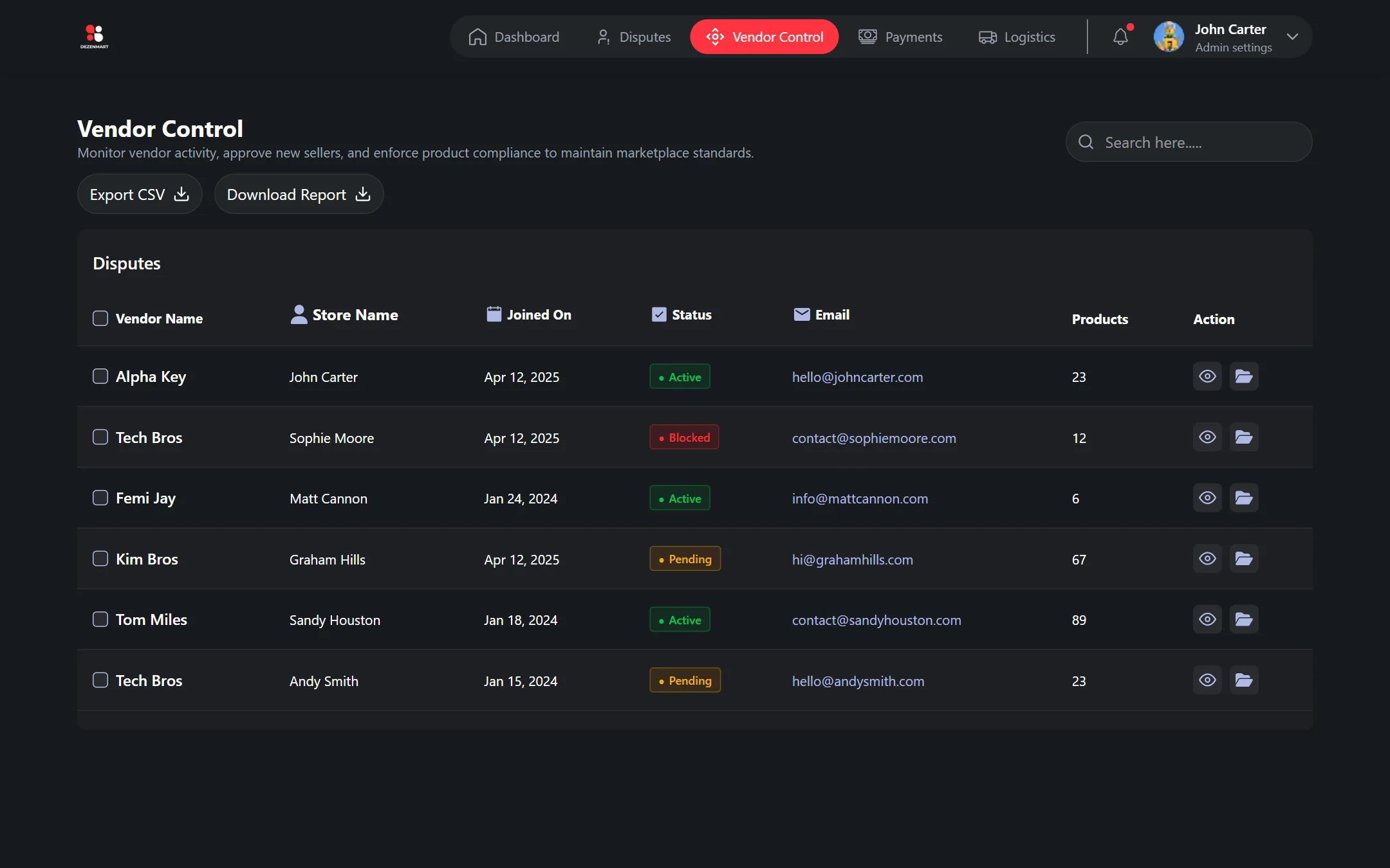 Vendor control table with store names, join dates, statuses and product counts