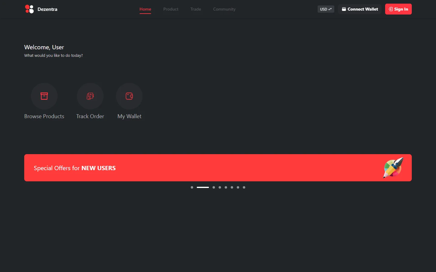 Dezentra home page on desktop