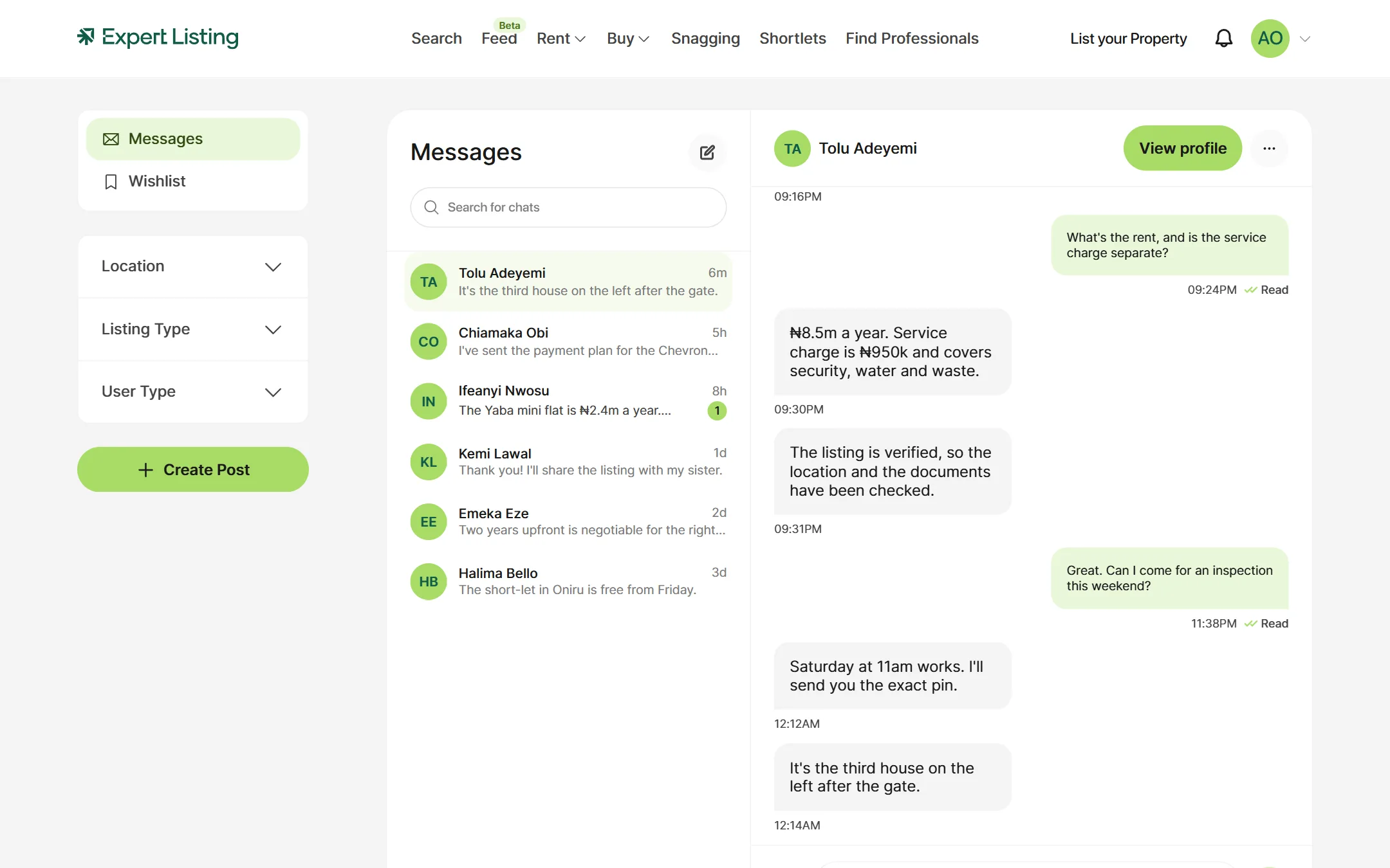 The inbox and an open conversation about an inspection, side by side on a laptop