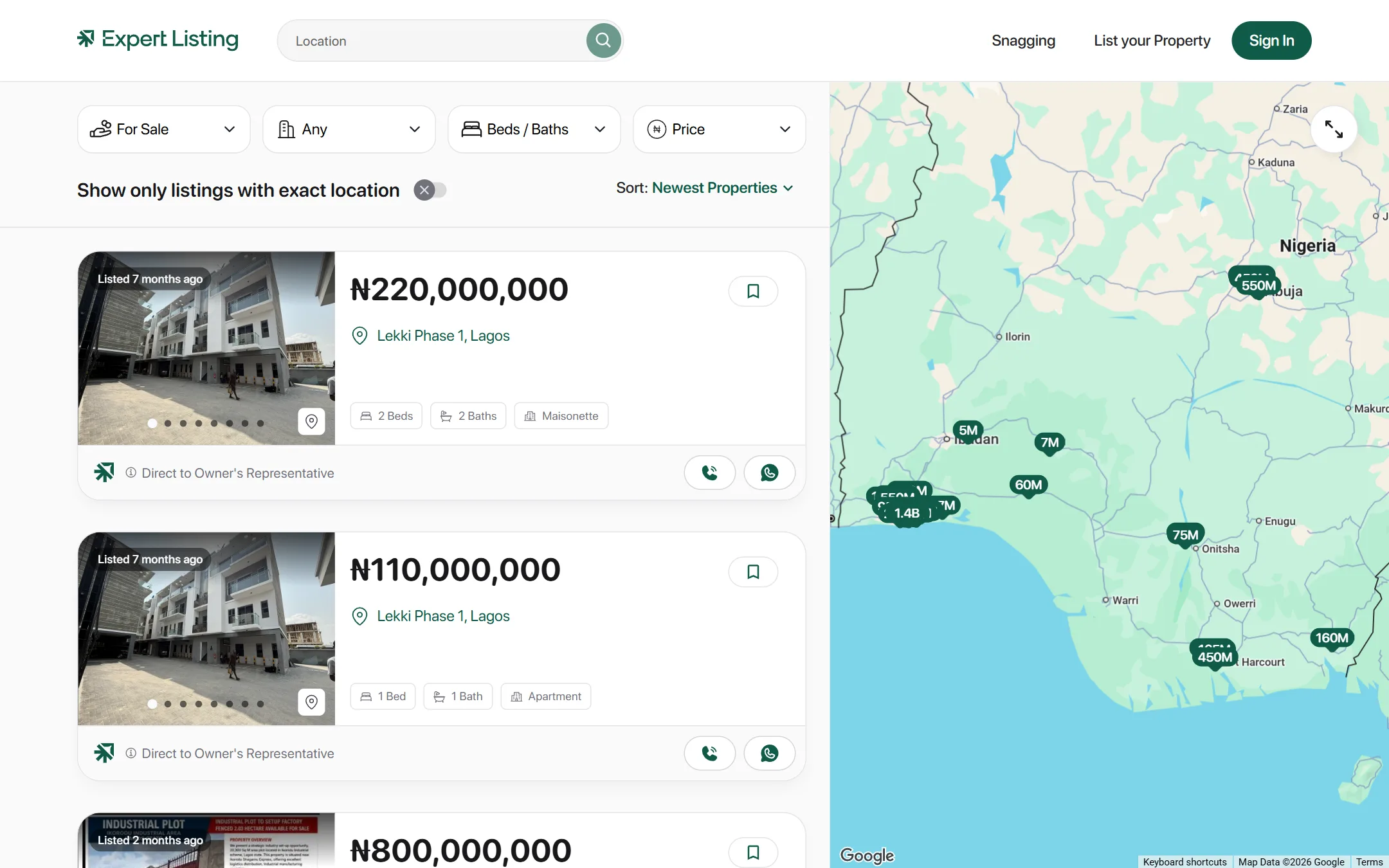 Expert Listing search results beside a map of Nigeria with price pins