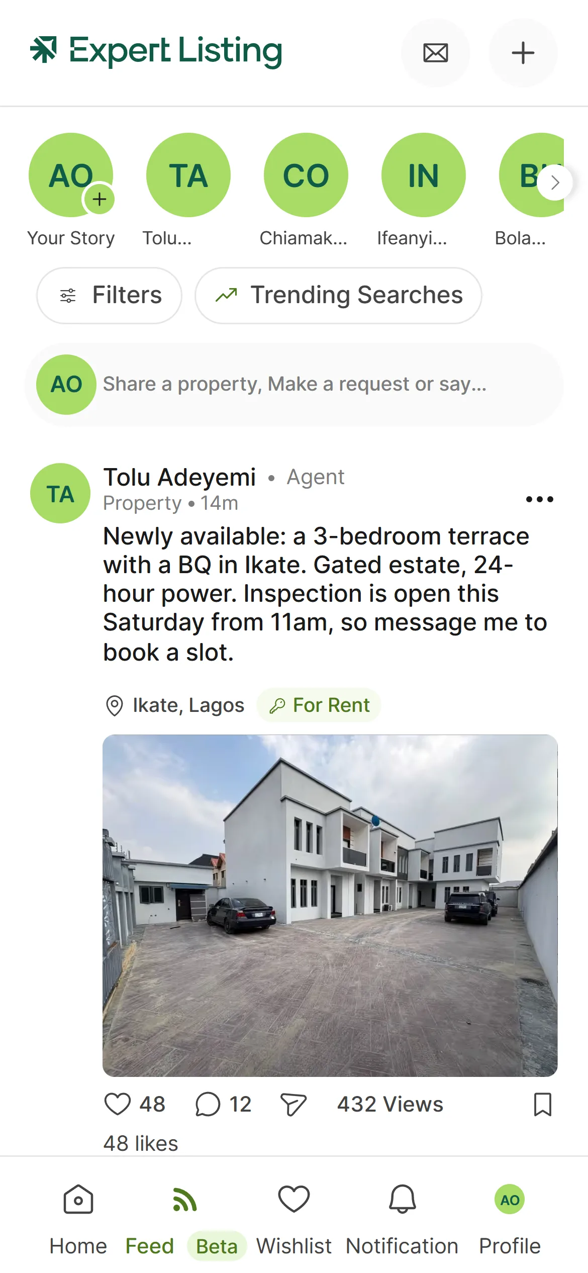 The community feed on a phone with a property post and the bottom tab bar