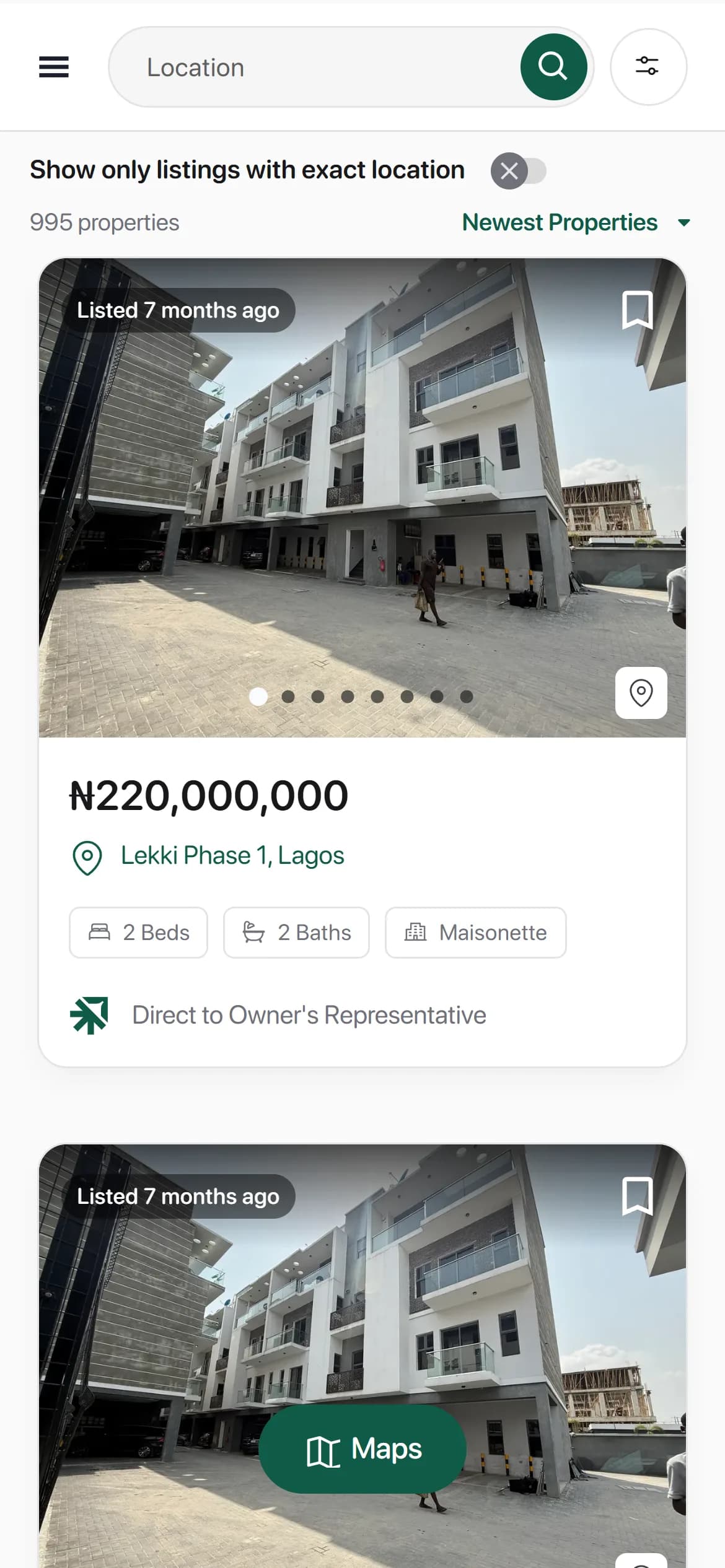 Search results on a phone, with the exact-location toggle and a Maps button