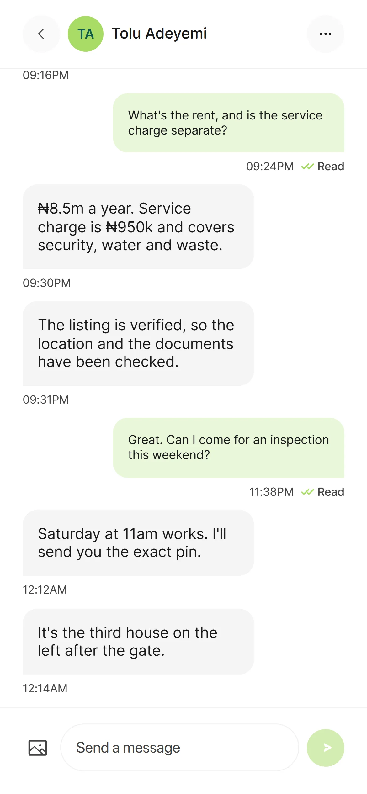 A conversation on a phone about rent, service charge and an inspection time