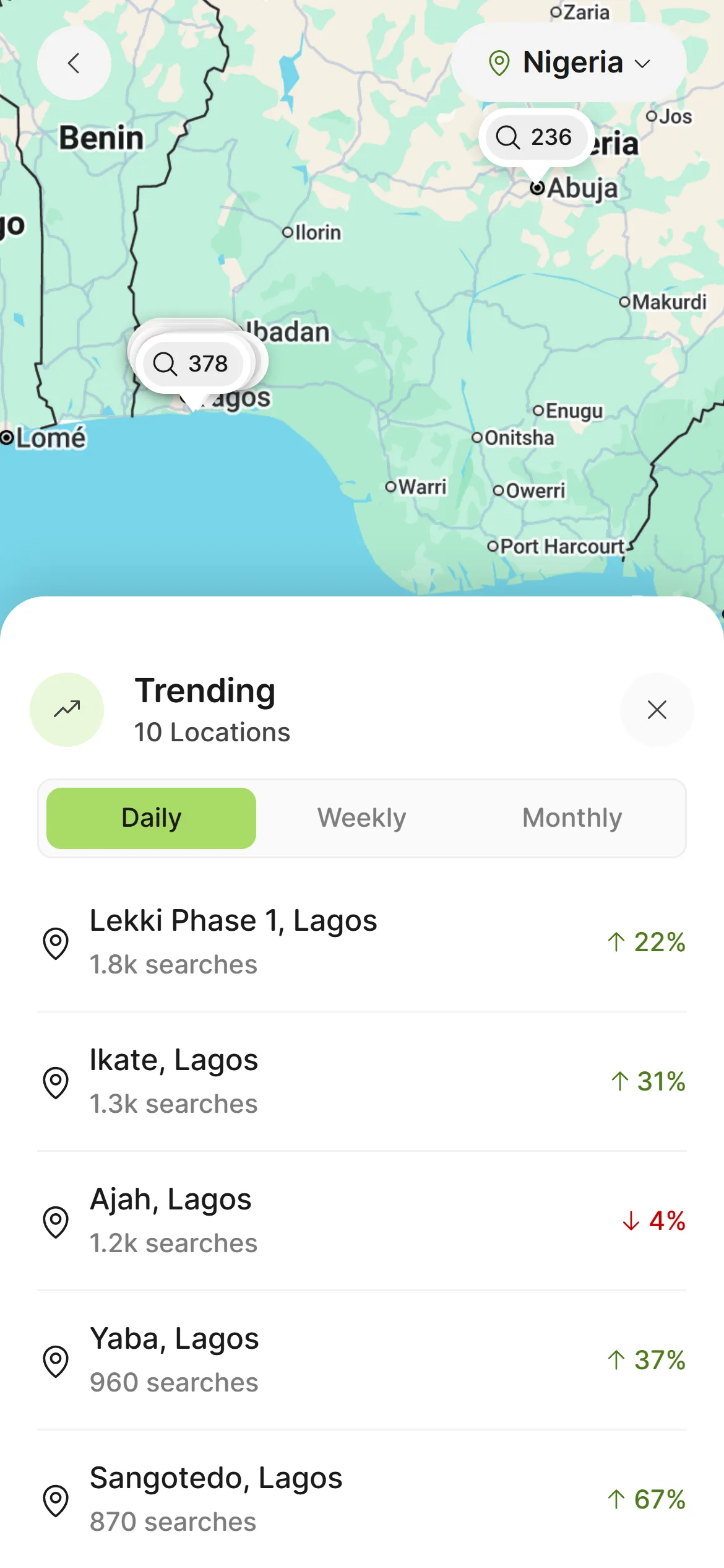 Trending searches on a phone, with the map above a ranked list