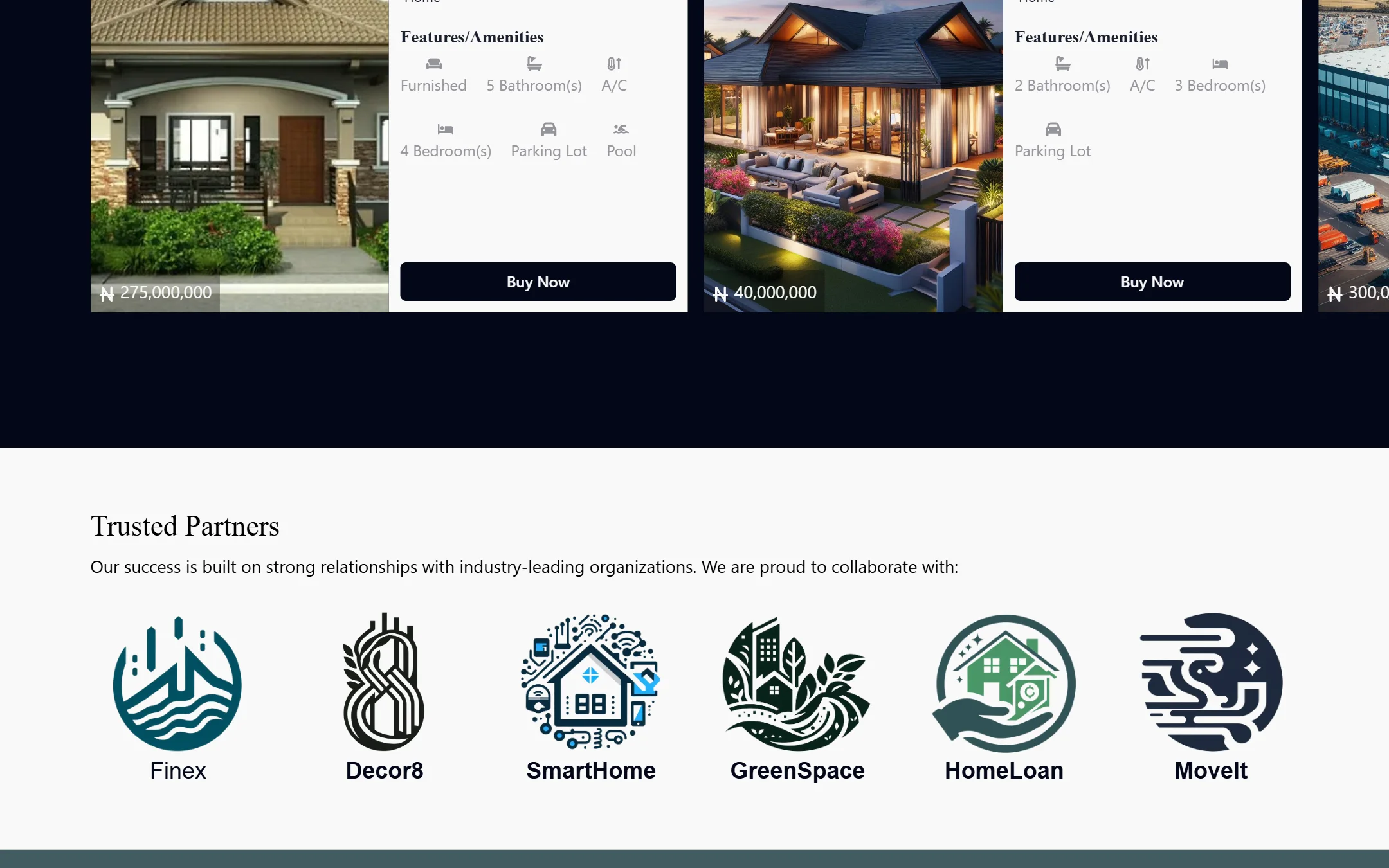 Popular residences with prices, features and amenities, above a row of partner logos