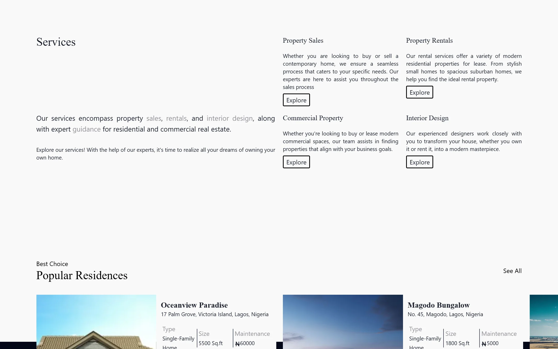 Services: property sales, rentals, commercial property and interior design
