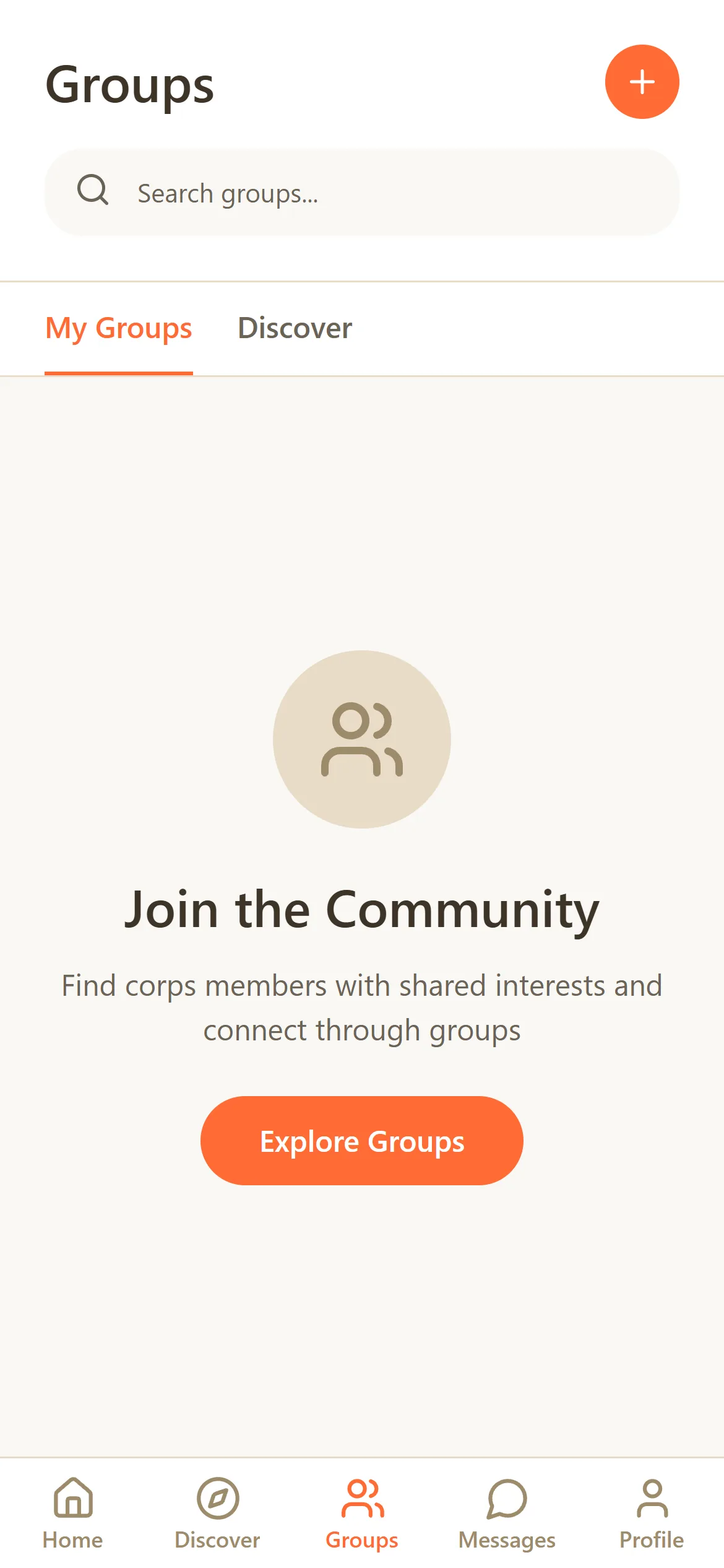 Groups, with My Groups and Discover tabs and an Explore Groups prompt