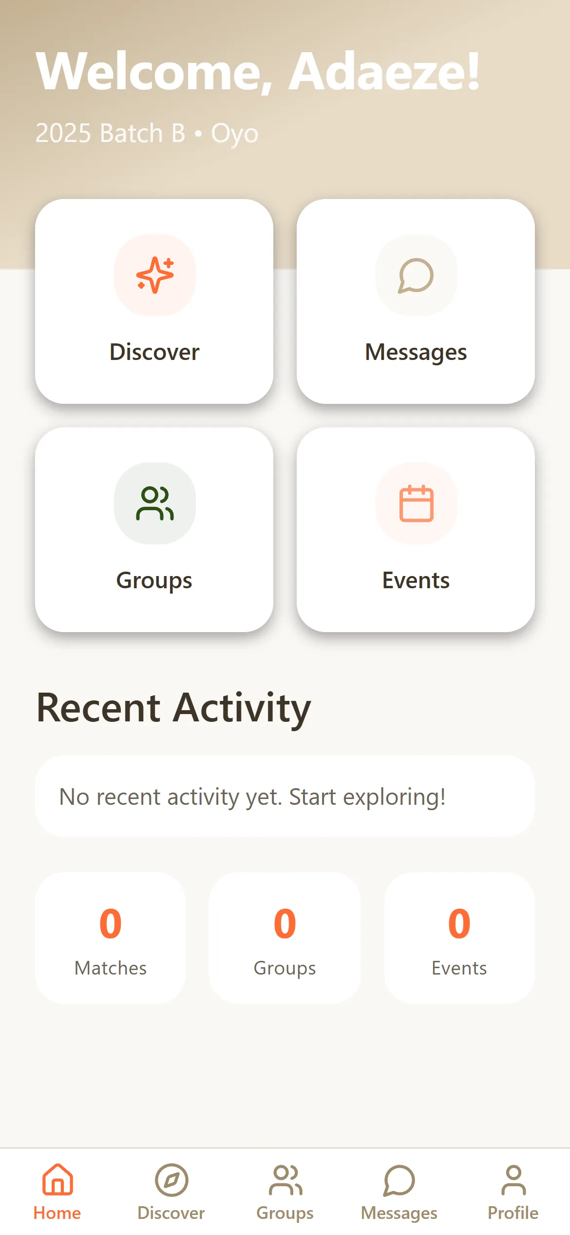 Khaki Verse home: Welcome, Adaeze, 2025 Batch B, Oyo, above Discover, Messages, Groups and Events
