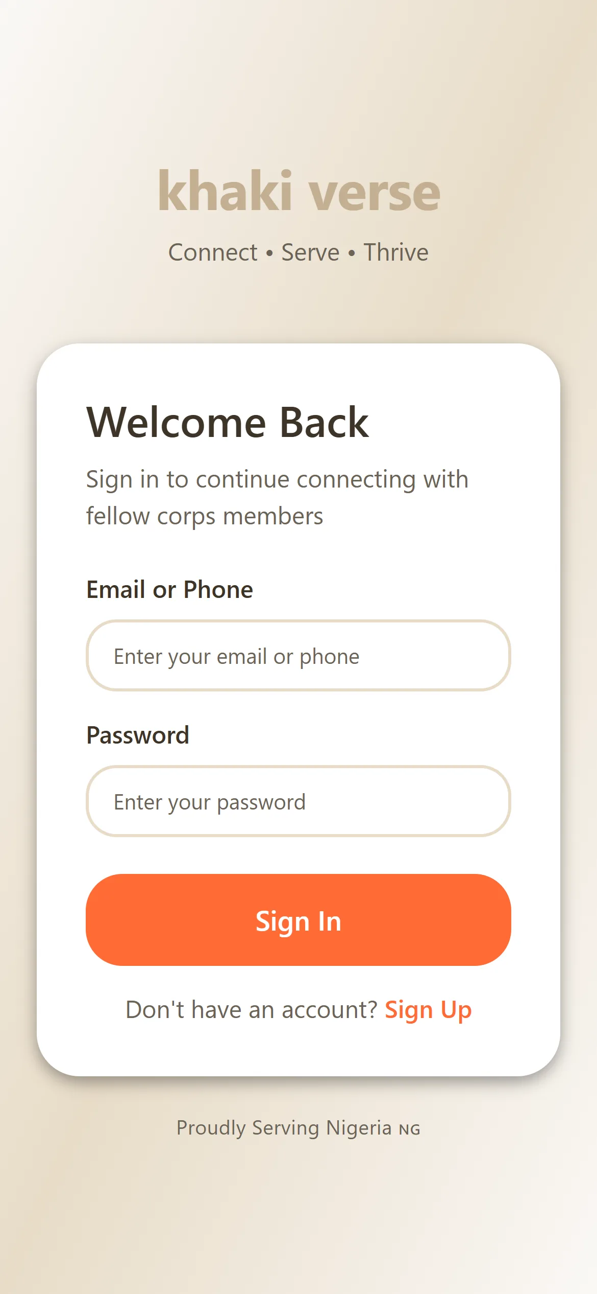Khaki Verse sign-in: Welcome Back, email or phone and password, and an orange Sign In button