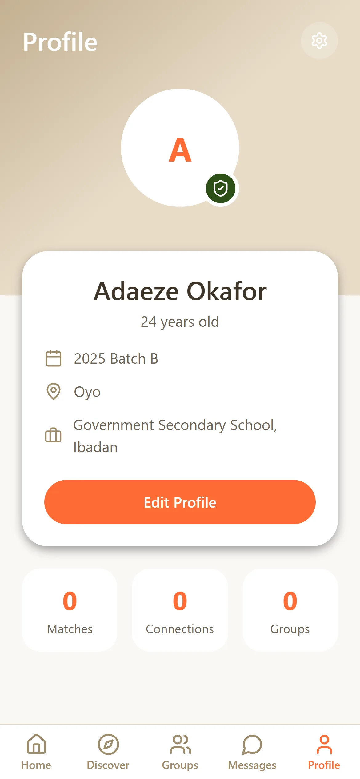 A corps member's profile with batch, state, place of primary assignment and a green verified badge