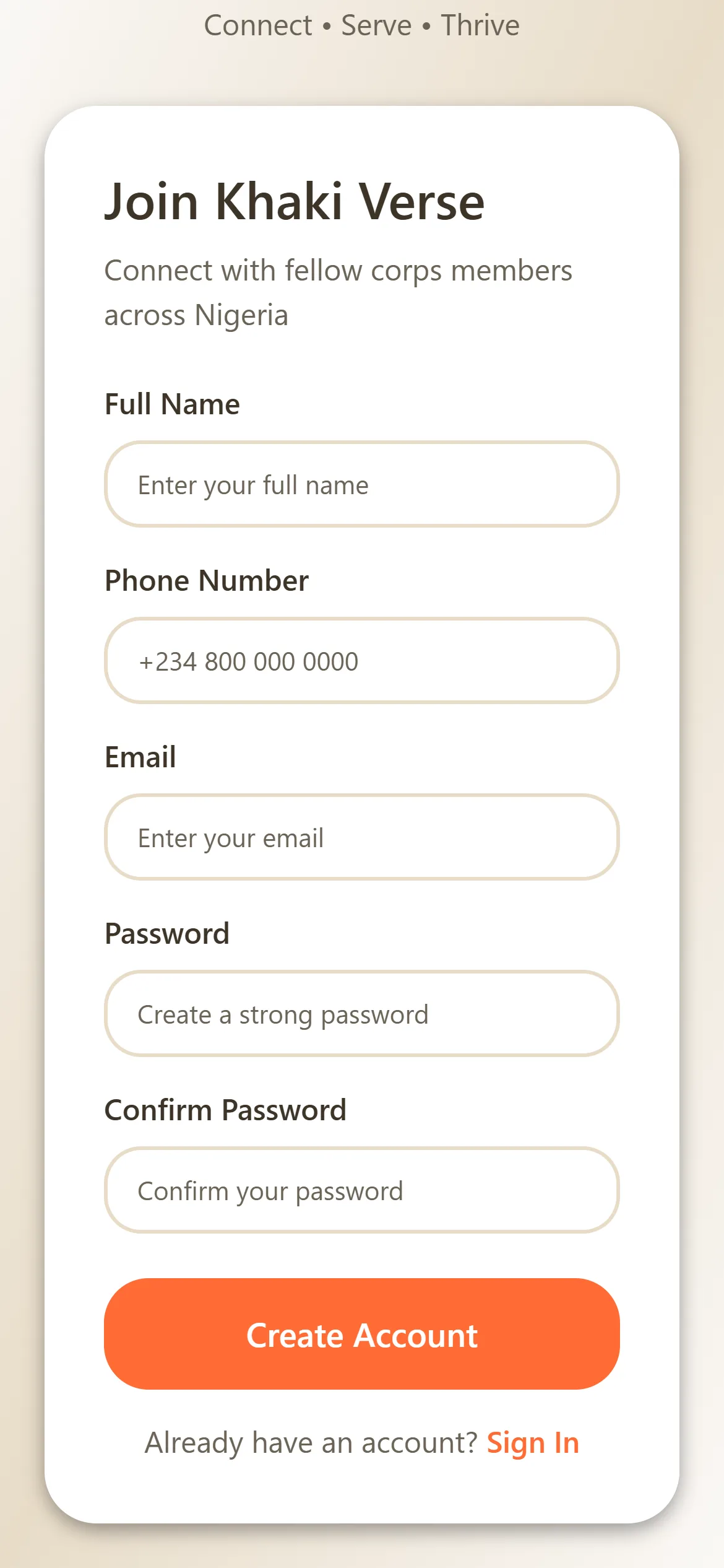 Join Khaki Verse: full name, phone number, email and password