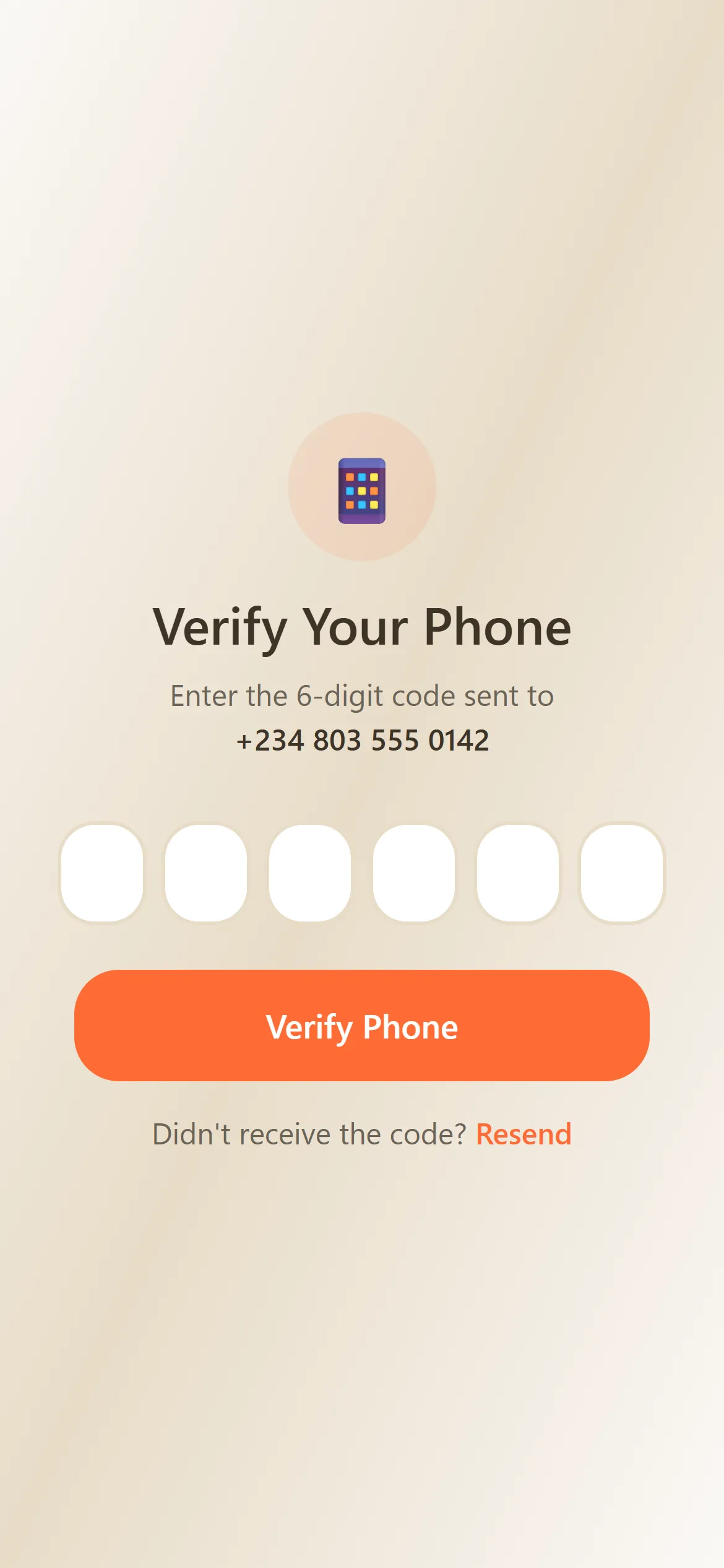Verify Your Phone: a six-digit code sent to a Nigerian number