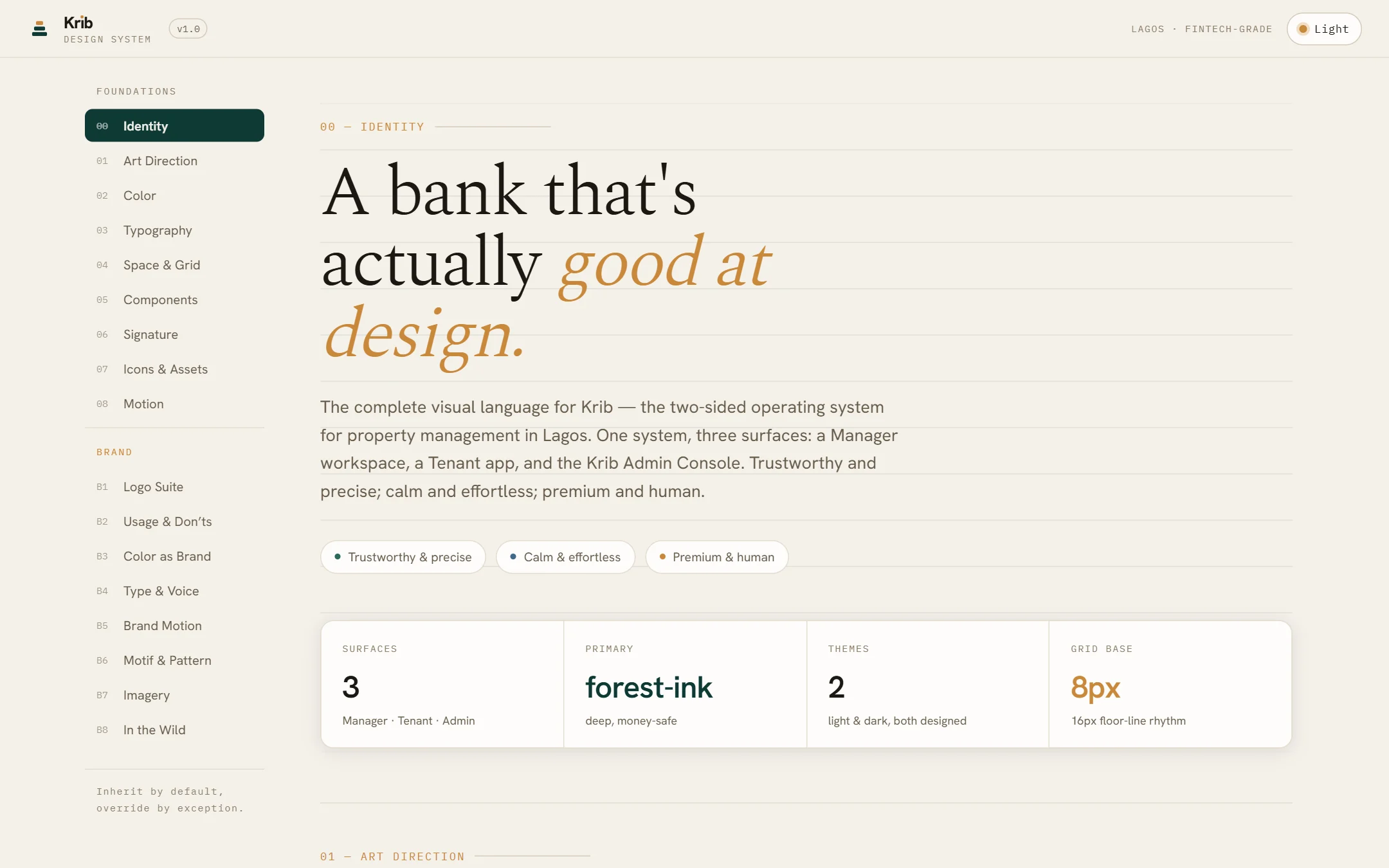 Krib design system identity page