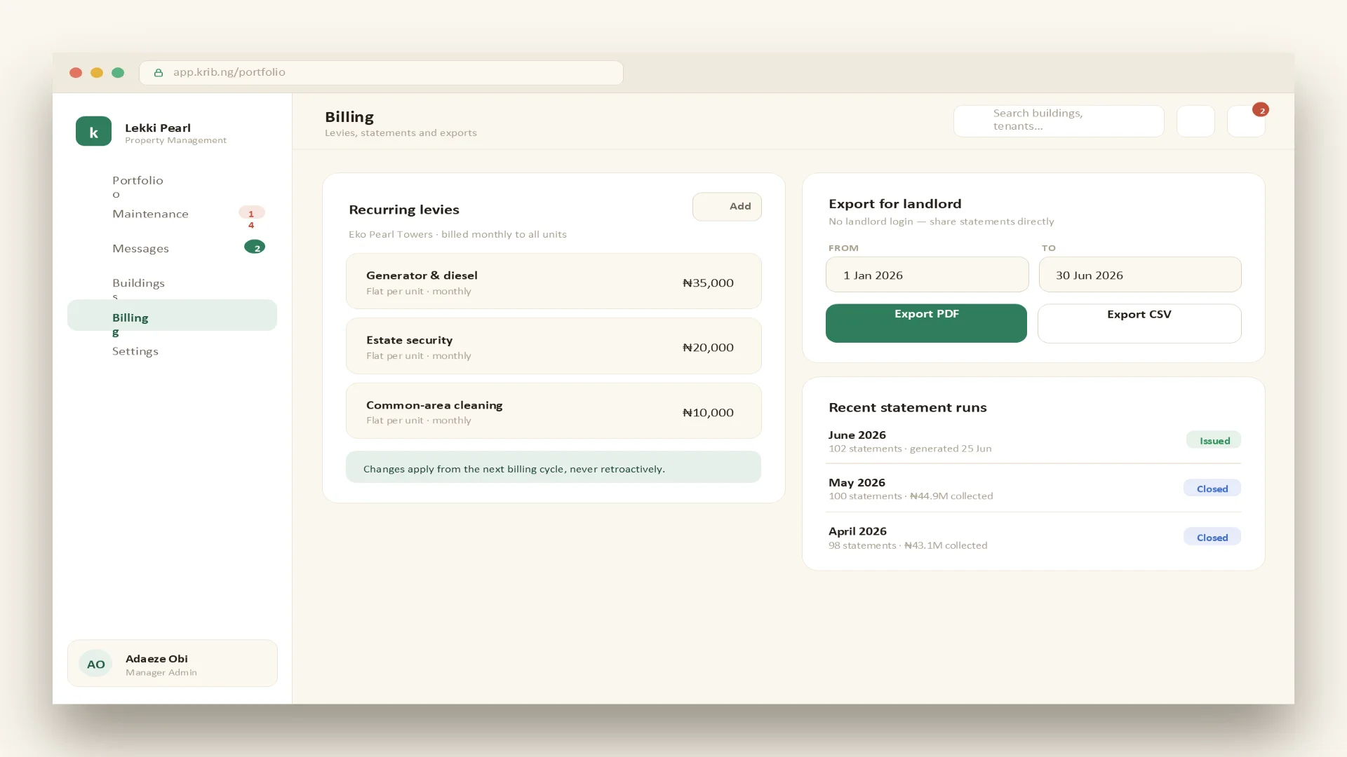 Krib billing with recurring levies, landlord exports and statement runs