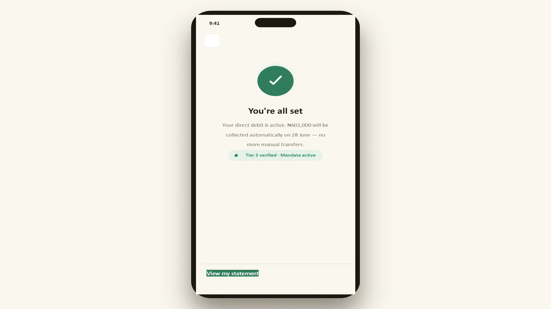 Confirmation that the direct debit is active