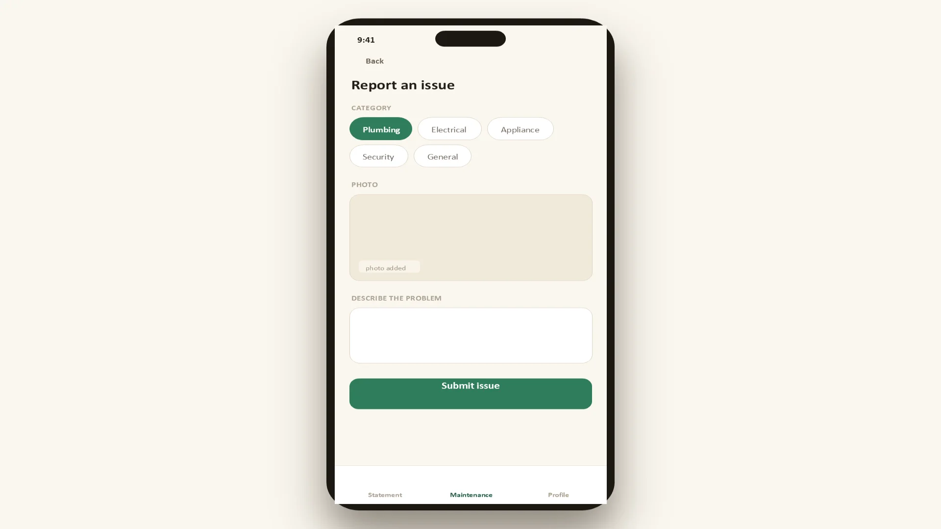 Report an issue: category, photo and description