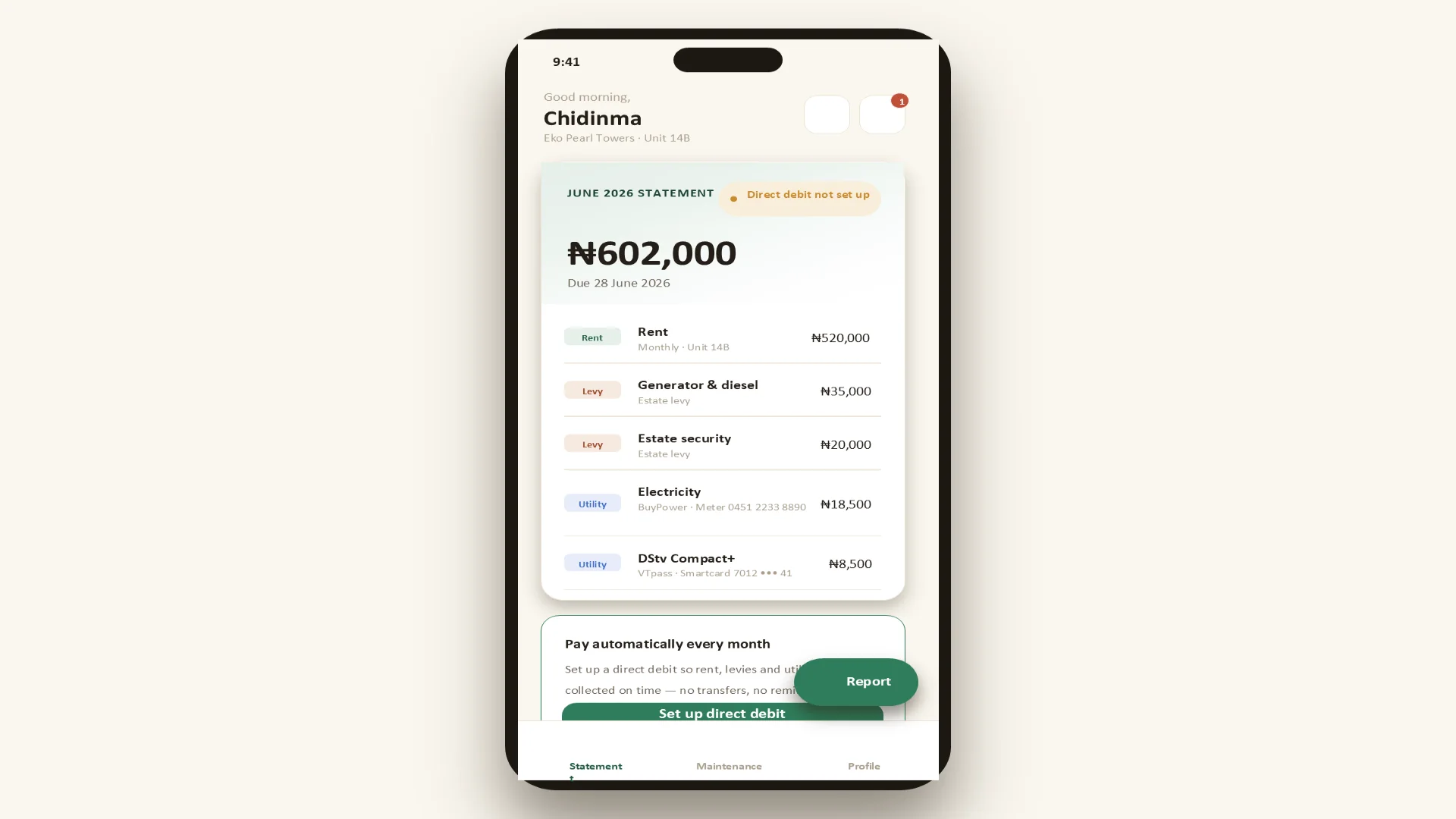 The tenant app's June statement: rent, levies and utilities, with a prompt to set up direct debit