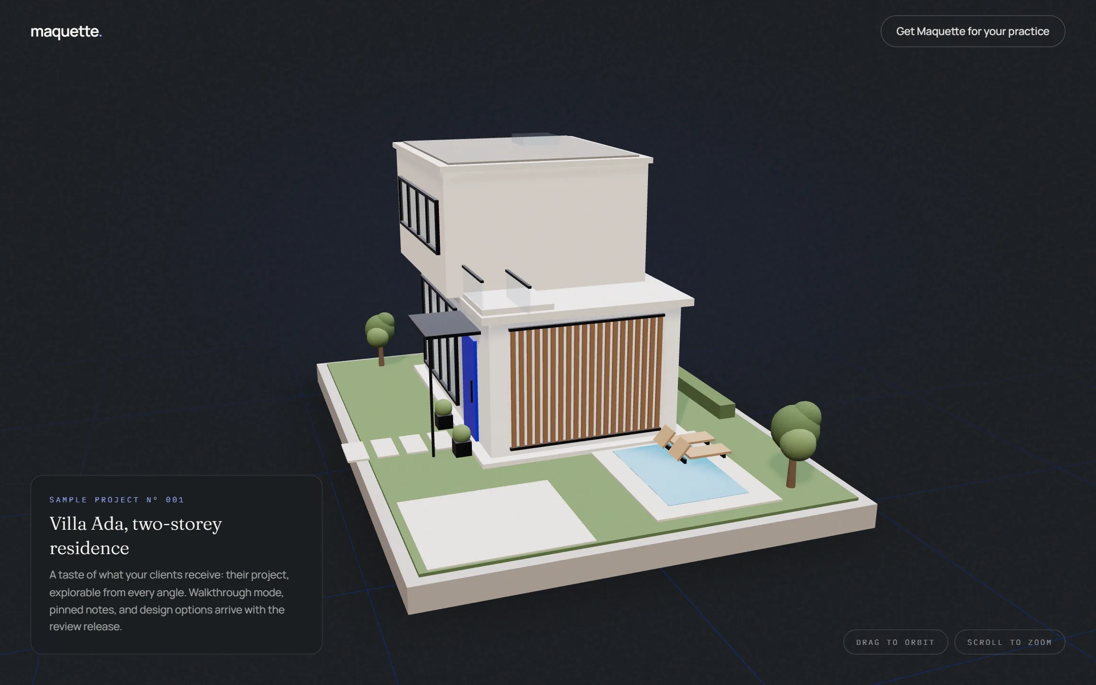 A two-storey villa model with a pool and timber cladding in the Maquette viewer