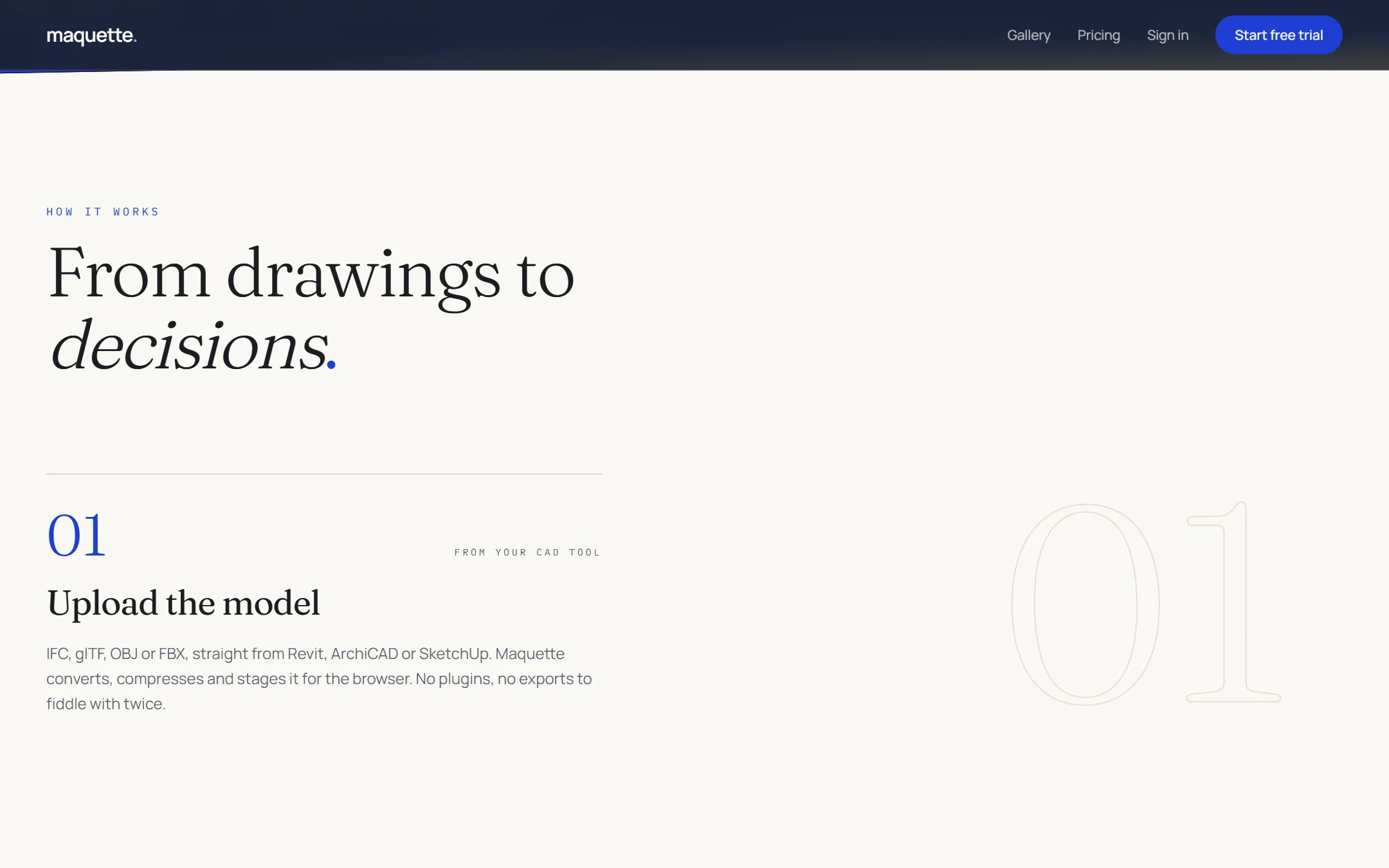Maquette's How it works section: From drawings to decisions, step one, Upload the model