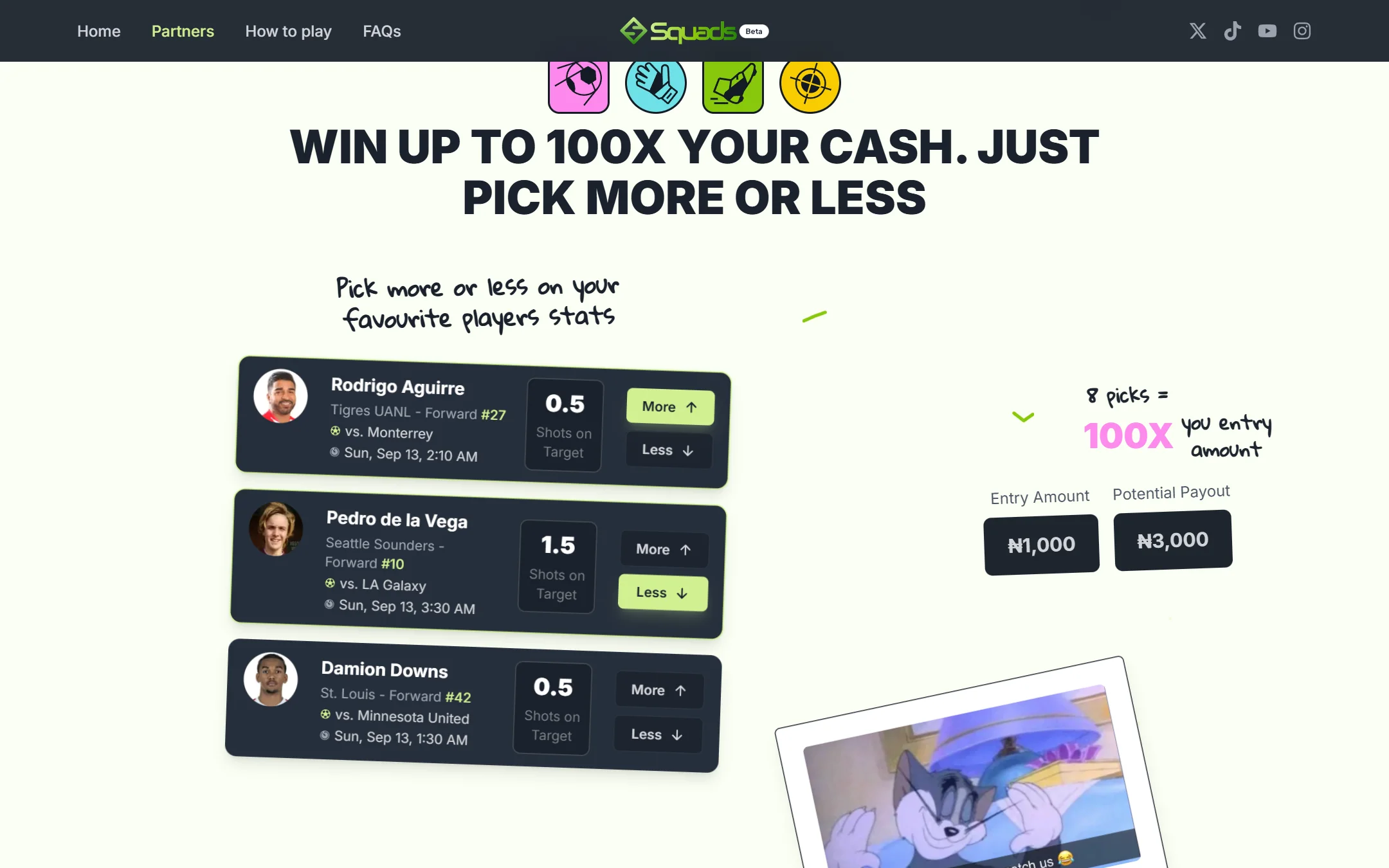 Squads hero: win up to 100x your cash, with player pick cards and an entry-to-payout example
