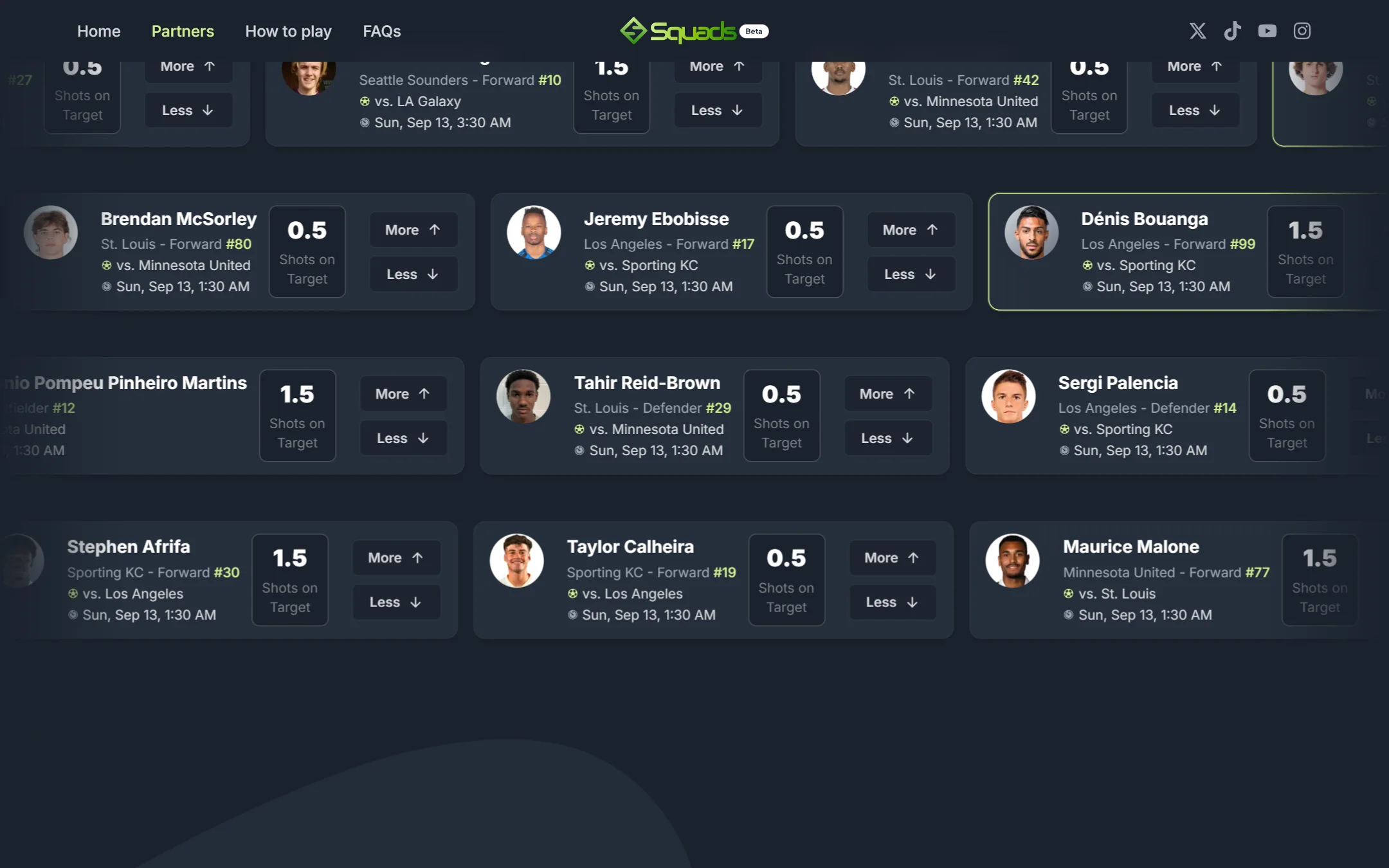 Rows of player cards with shots-on-target lines and More or Less buttons