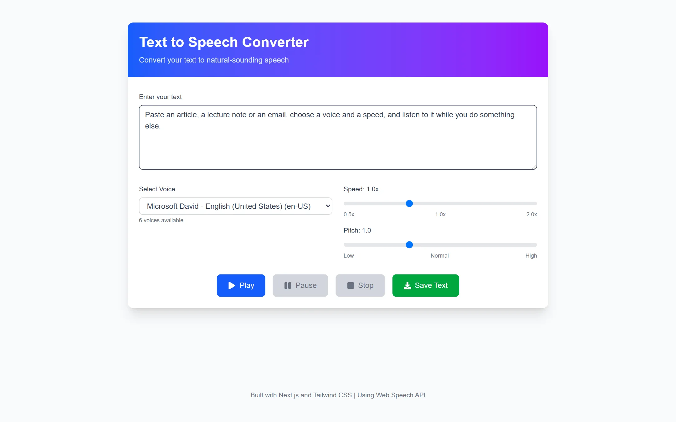 The Text-to-Speech converter with text entered, a voice selected and speed and pitch sliders