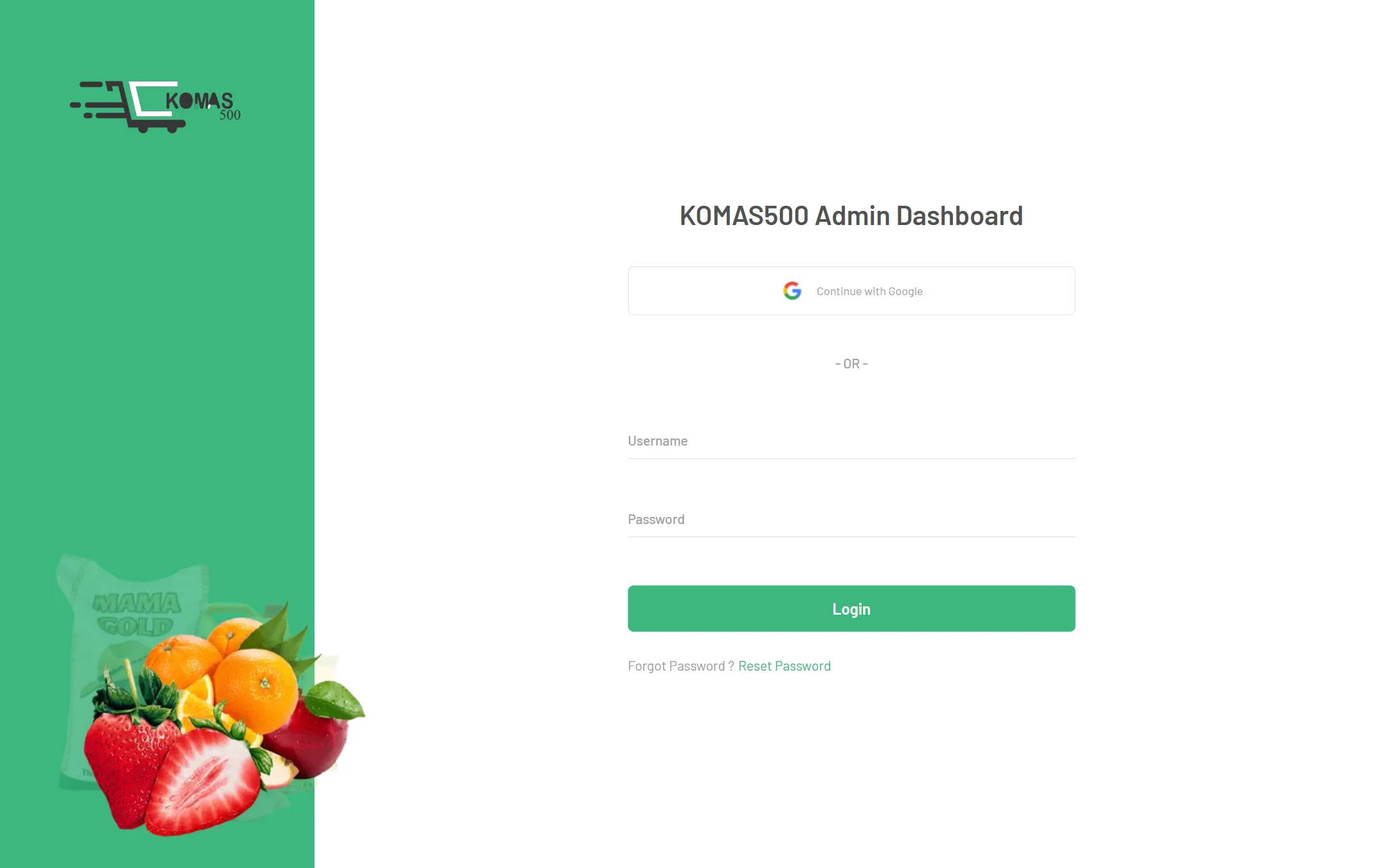 The KOMAS500 admin dashboard sign-in, with Google sign-in and a username and password form
