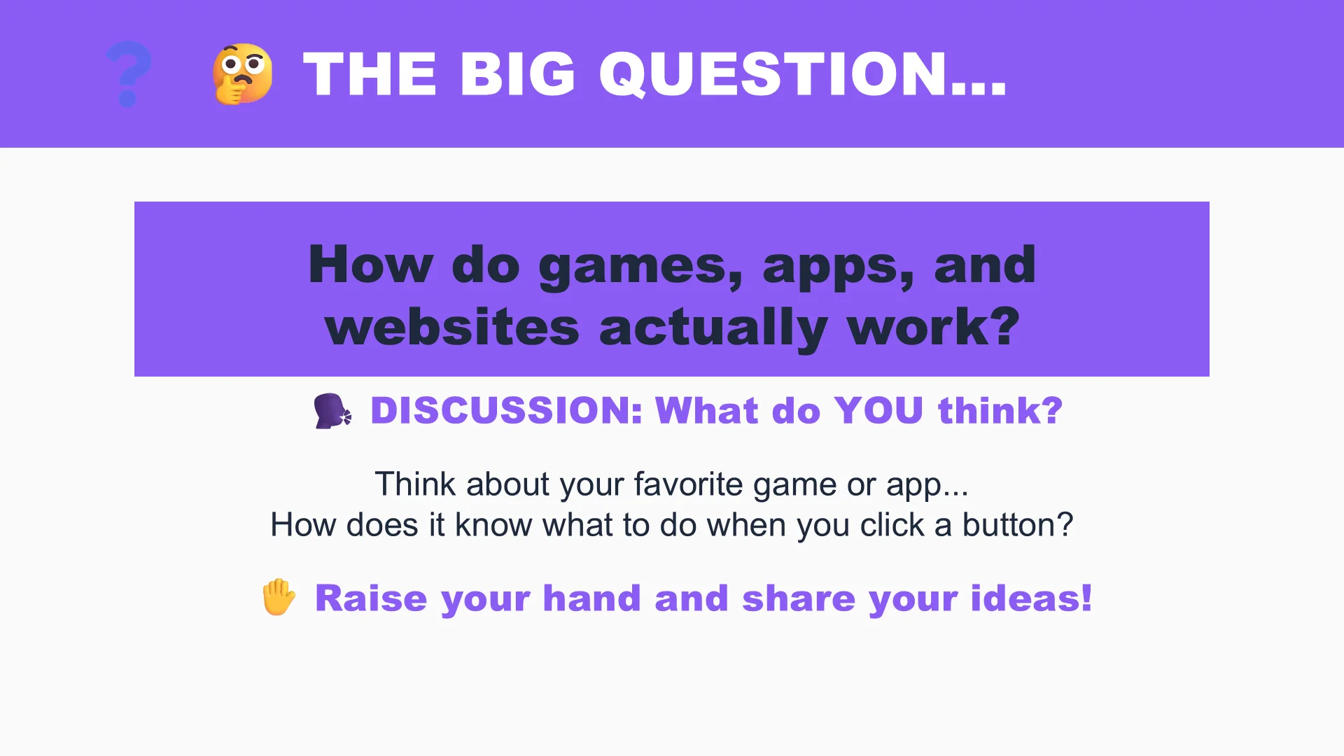 Slide: How do games, apps, and websites actually work? A discussion prompt
