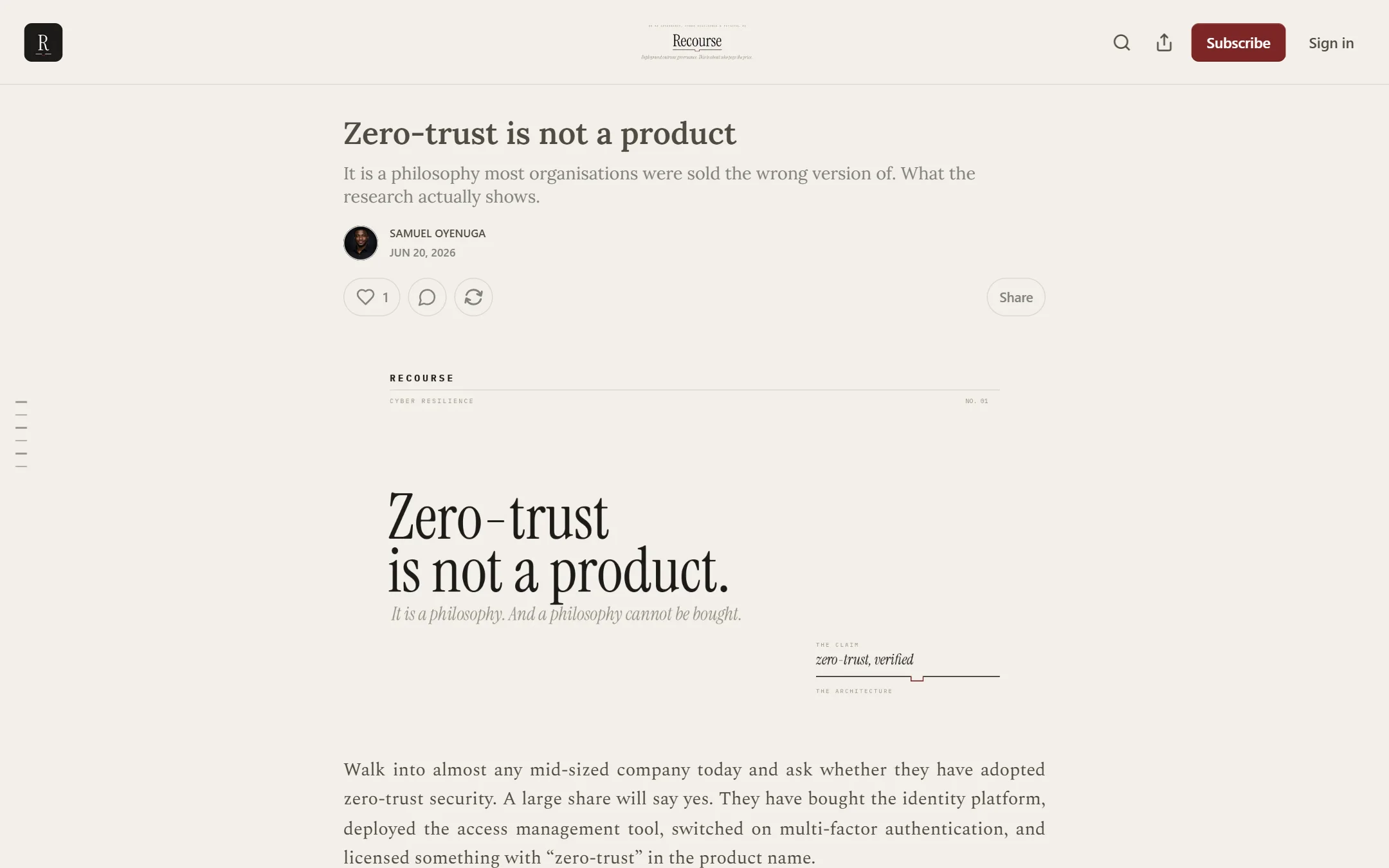 The essay Zero-trust is not a product on Substack, with its header artwork