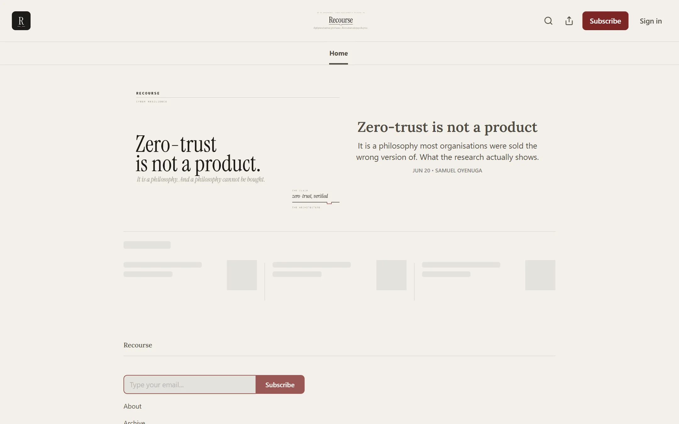 The Recourse home page on Substack with the first essay
