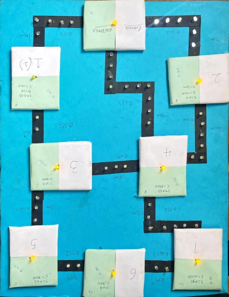 The board with a different lit route between shelves
